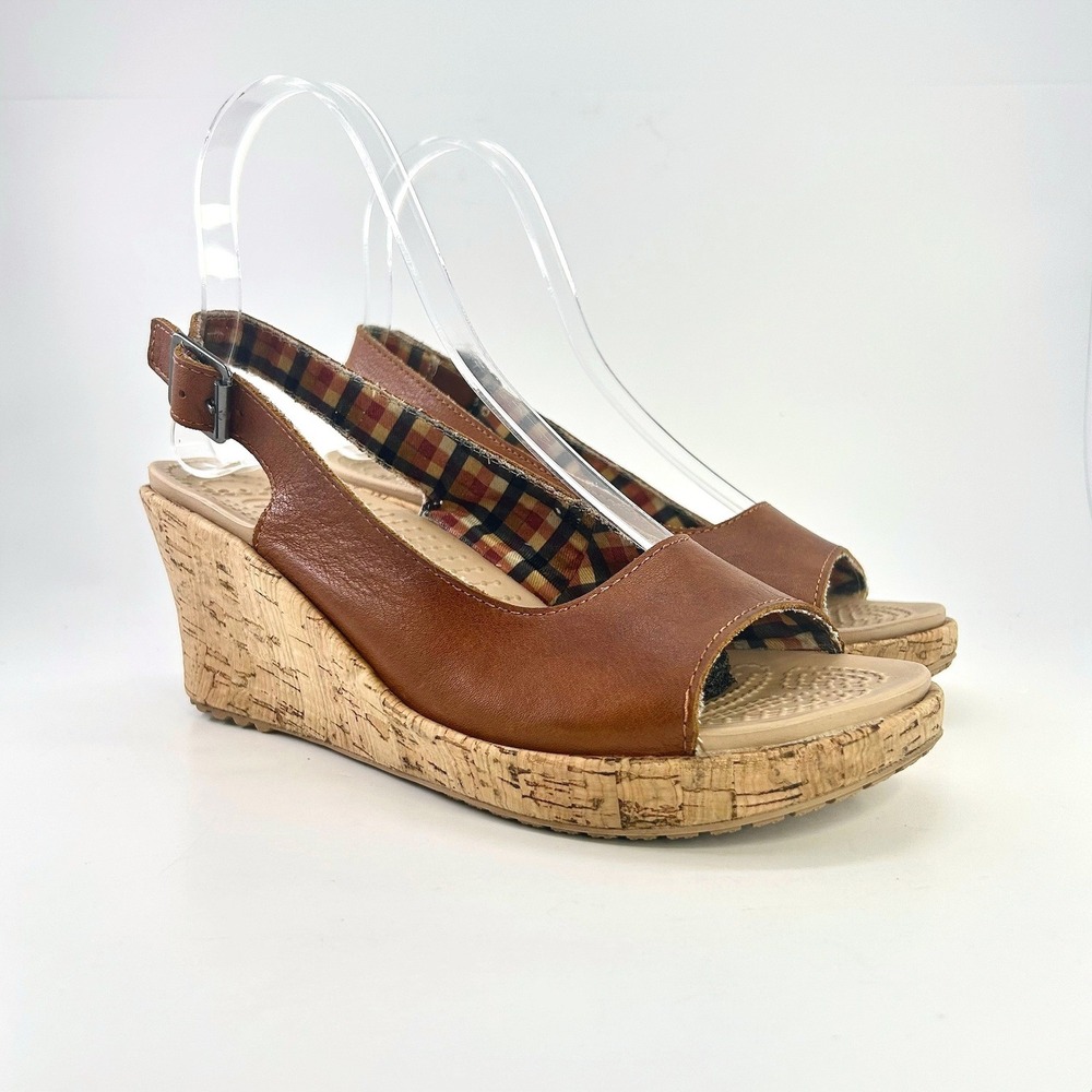 Crocs A-Leigh Brown Leather Cork Wedge Sandals Slingback Peep Toe Comfort Size 8